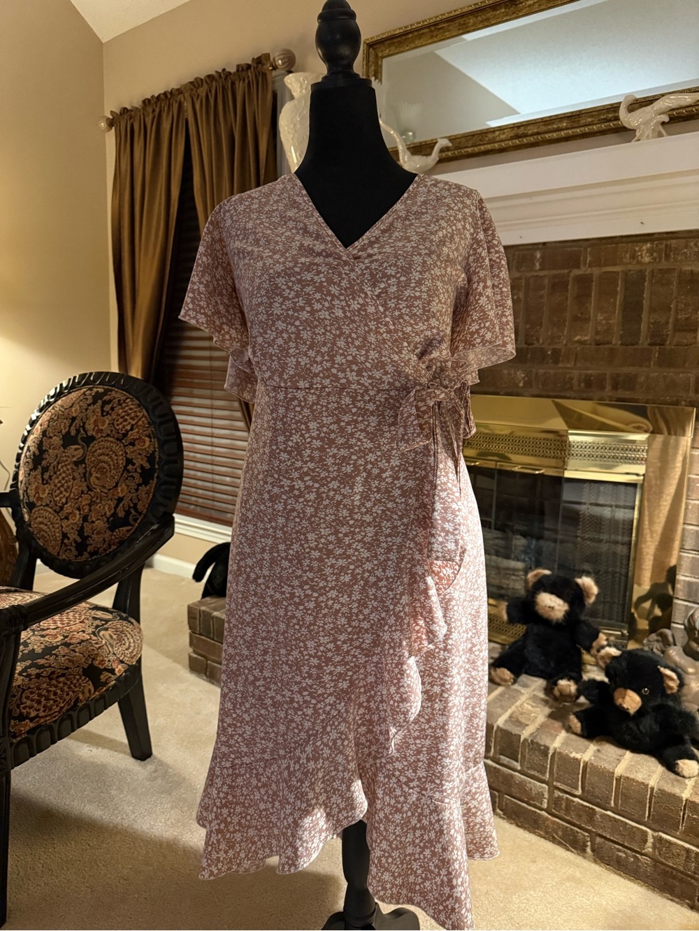 SHEIN Dusty Rose Floral Ruffle Wrap Midi Dress